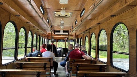 Seating overview inside the San Francisco style trolley bus