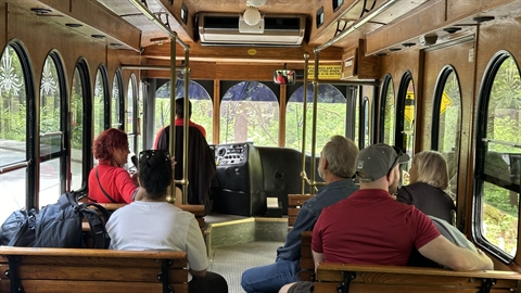Front view of the Great Canadian Trolley bus operating in Vancouver