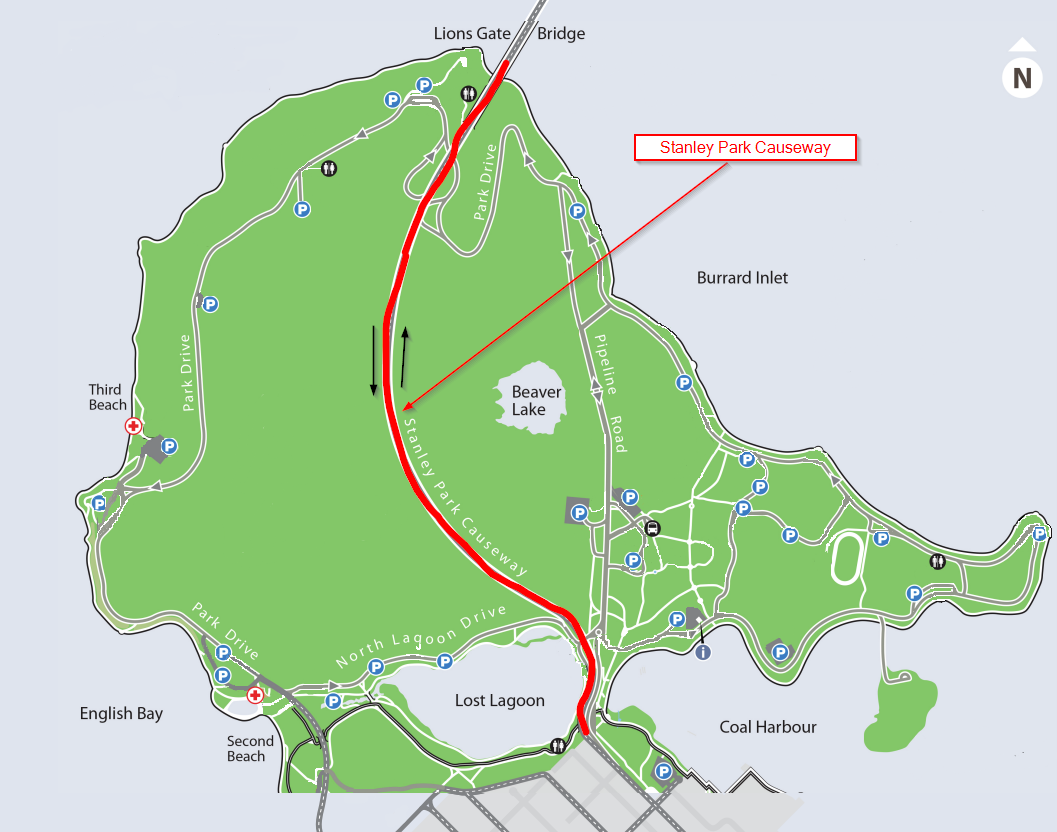 Route alignment map of the Stanley Park Causeway through the park center