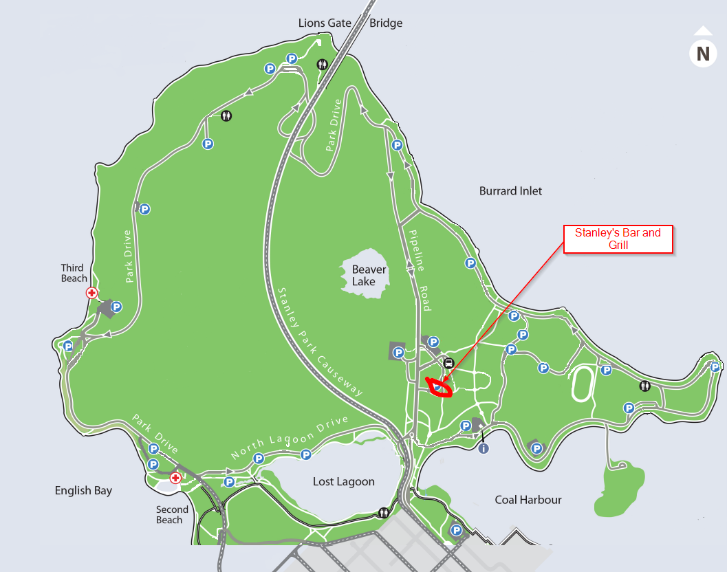 Map showing location of Stanley's Bar and Gril in Stanley Park, Vancouver, BC, Canada