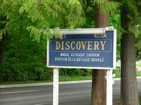 HMCS Discovery Naval Reserve sign in Stanley Park, Vancouver, BC, Canada