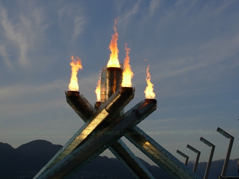 The large glass and steel structural columns of the 2010 Olympic Cauldron