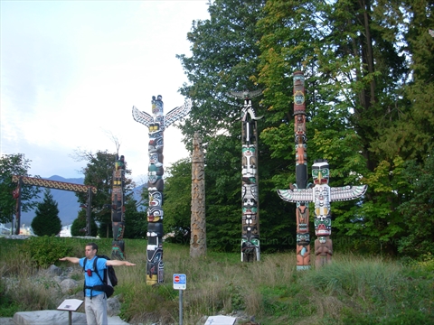 First Nations Totem Poles collection setup at Brockton Point clearing