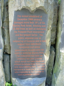Windstorm Monument plaque in Stanley Park, Vancouver, BC, Canada