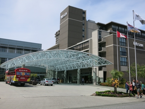 The sprawling resort towers of the Westin Bayshore Hotel along the harbor paths