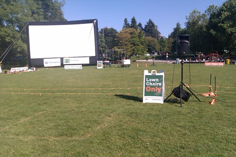 Wide landscape view of the cinema setup looking toward the harbor