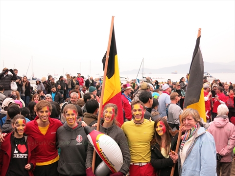 Swimmers emerging cold but smiling from the Pacific ocean water