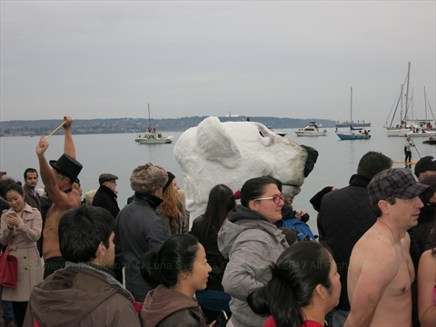 Swimmer wrapping in a warm towel after completing the plunge