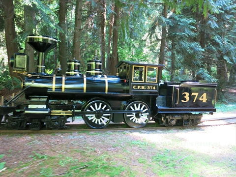 Current CPR 374 Stanley Park train in Stanley Park, Vancouver, BC, Canada