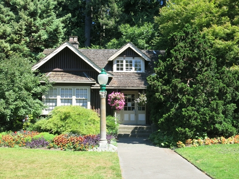Front view of the historic Rose Cottage in Stanley Park, Vancouver, BC, Canada