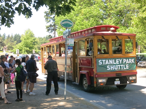 Stanley Park Shuttle bus driving in Stanley Park, Vancouver, BC, Canada