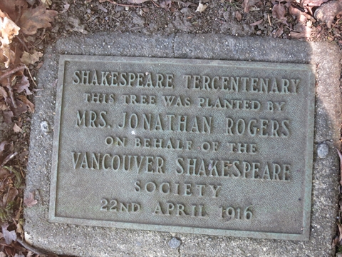 Shakespeare Tercentenary Tree plaque in Stanley Park, Vancouver, BC, Canada