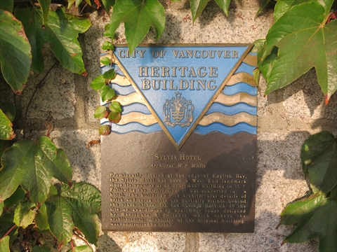Sylvia Hotel Heritage Building plaque near Stanley Park, Vancouver, BC, Canada