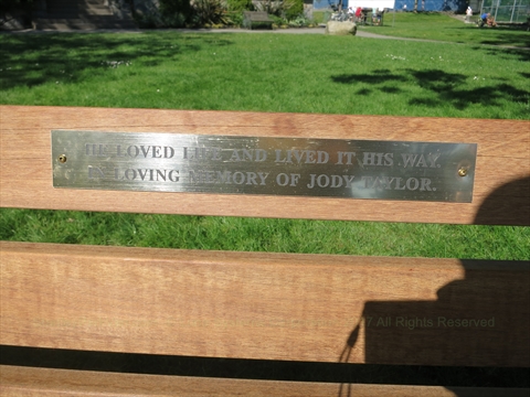 Jody Taylor Memorial bench plaque in Stanley Park, Vancouver, BC, Canada