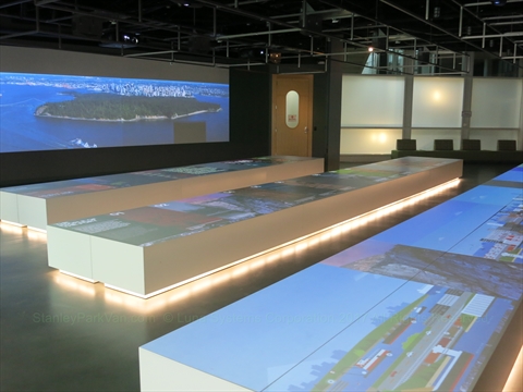 Informational historical exhibits inside the Port of Vancouver Discovery Centre