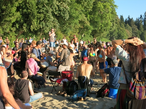 Brahms Tam Drum Circle gatherings at Third Beach in Stanley Park, Vancouver, BC, Canada