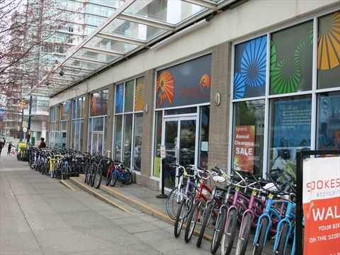 The front alignment showroom exterior of Spokes Bike Rentals on Georgia Street