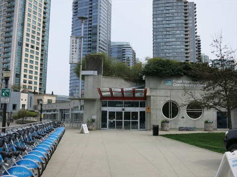 Modern concrete architecture of the Coal Harbour Community Centre building