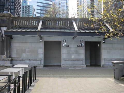 The concrete public washroom facility block at Harbour Green Park