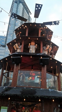 Crowds exploring the wooden huts of the Vancouver Christmas Market