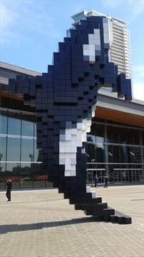 Close up angle of the Digital Orca in Jack Poole Plaza