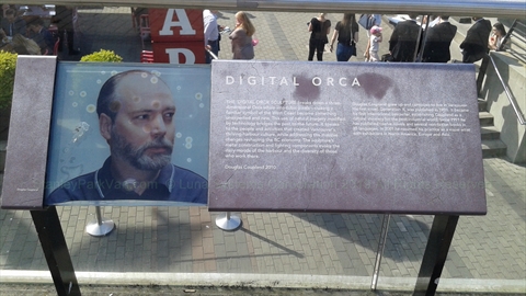 Digital Orca interpretive storyboard at Jack Poole Plaza