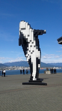 The pixelated Digital Orca sculpture at Jack Poole Plaza