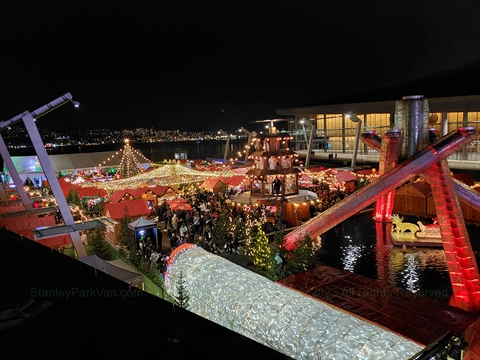 Decorated vendor huts at the Vancouver Christmas Market