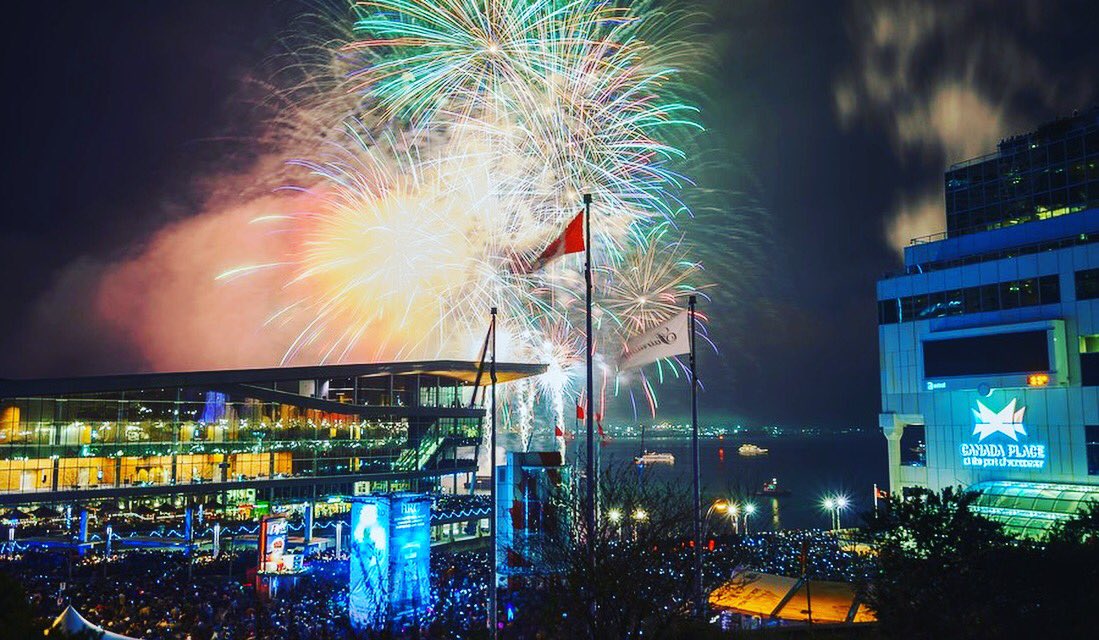 Scenic city display during historical New Years Eve celebrations in Coal Harbour, Vancouver, BC, Canada