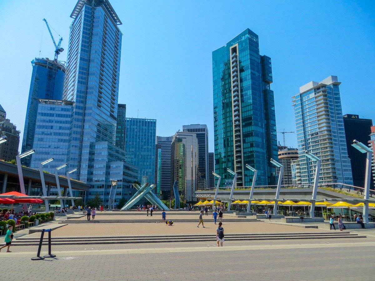 Looking down at the convention center roof and Jack Poole Plaza from above