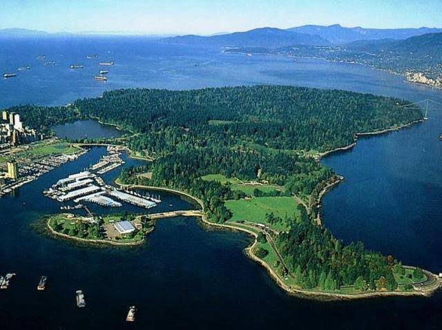 Beautiful aerial scenic overview panorama of Stanley Park peninsula in Vancouver, BC, Canada