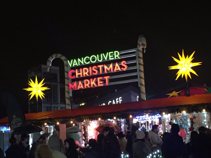 Festive holiday lighting at the Christmas Market at Jack Poole Plaza