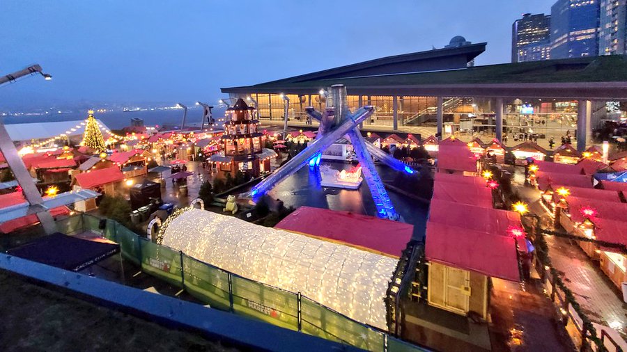Festive light configurations inside the layout design at Vancouver Christmas Market, Vancouver, BC, Canada
